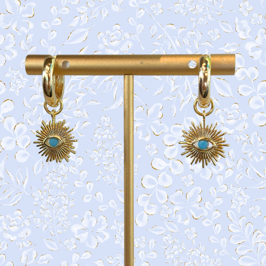 SUNBURST EVIL EYE HOOPS ✿ BLUE SOL